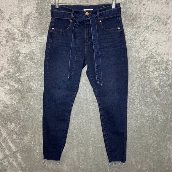 LOFT Women Dark Wash High Rise Skinny Modern Tapered Belted Denim Jean 6 - Picture 1 of 11